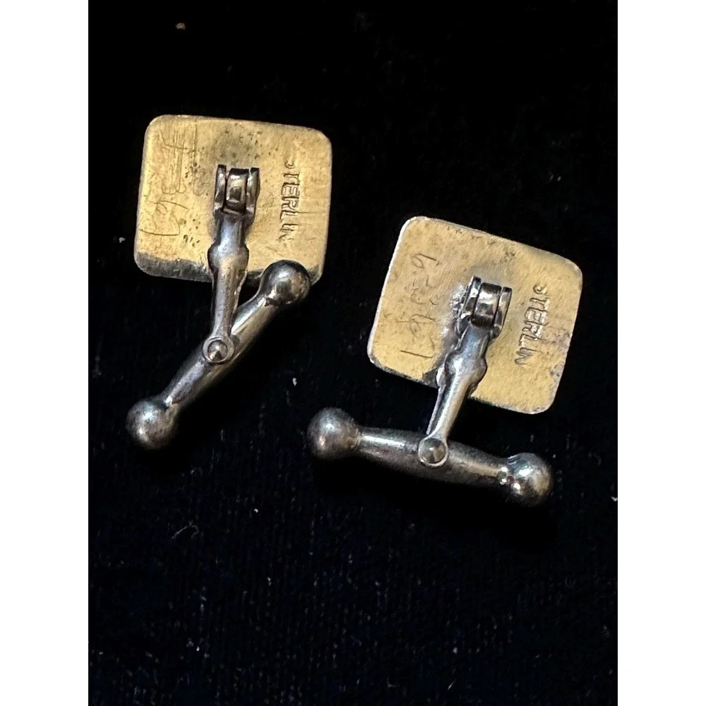 Art Deco Sterling Silver & Guilloche Enamel Cuff Links Yellow White